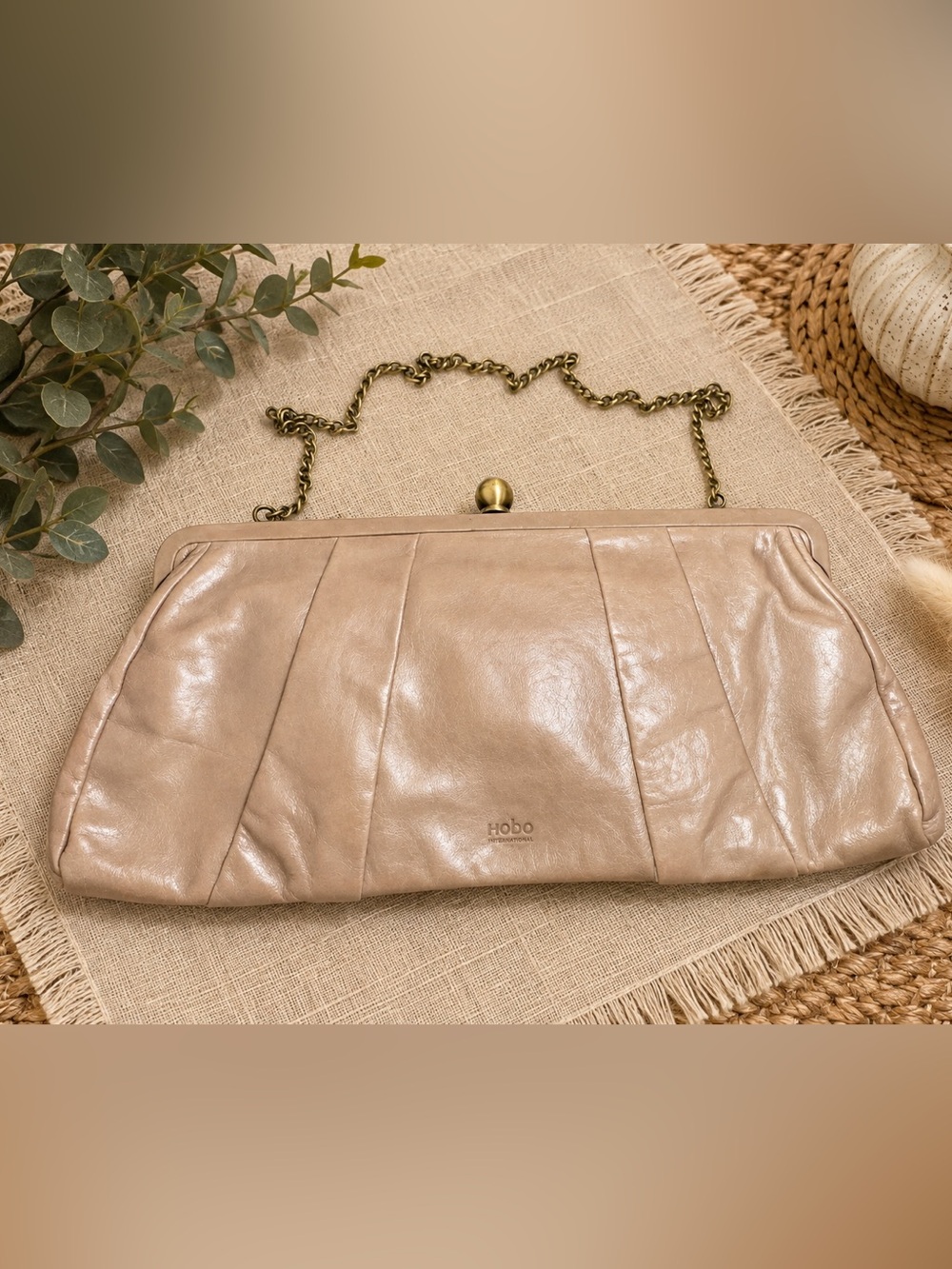 HOBO International Taupe Leather Frame Clutch Shoulder Bag Chain Strap